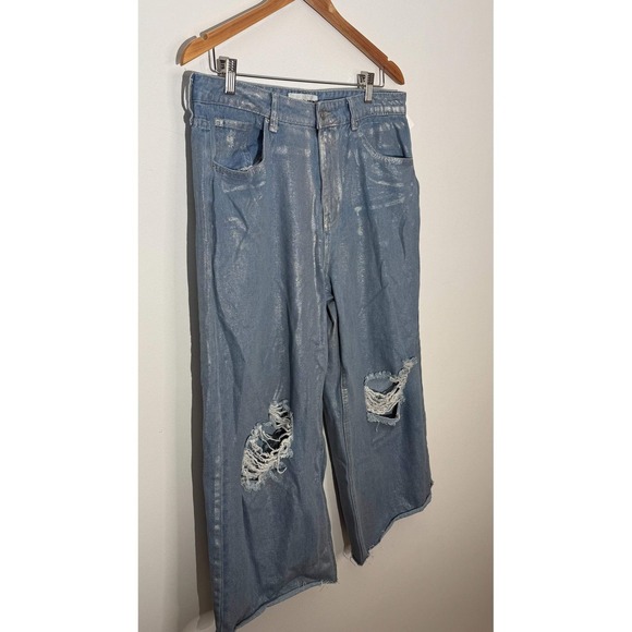 Fashionova Wide Leg Jeans Women Size 13 Silver Metallic Distressed Cropped - Picture 4 of 13
